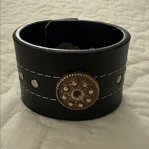 Black Faux Leather Bracelet with Gold Accent